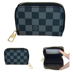 Checked Pattern Black & Grey Zippy Coin Purse Compact Credit Card Wallet